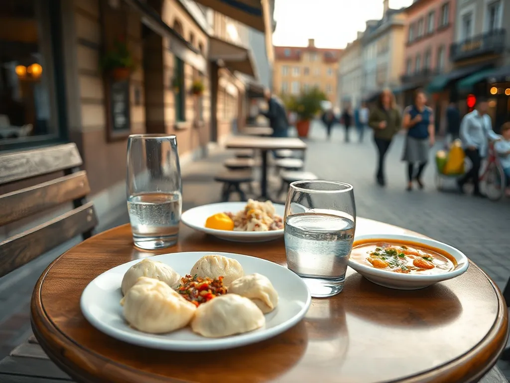 Stolik w inowrocławskiej kawiarni z pierogami, zupą i deserem na tle spokojnej ulicy, zachęcający do taniego, smacznego posiłku.
