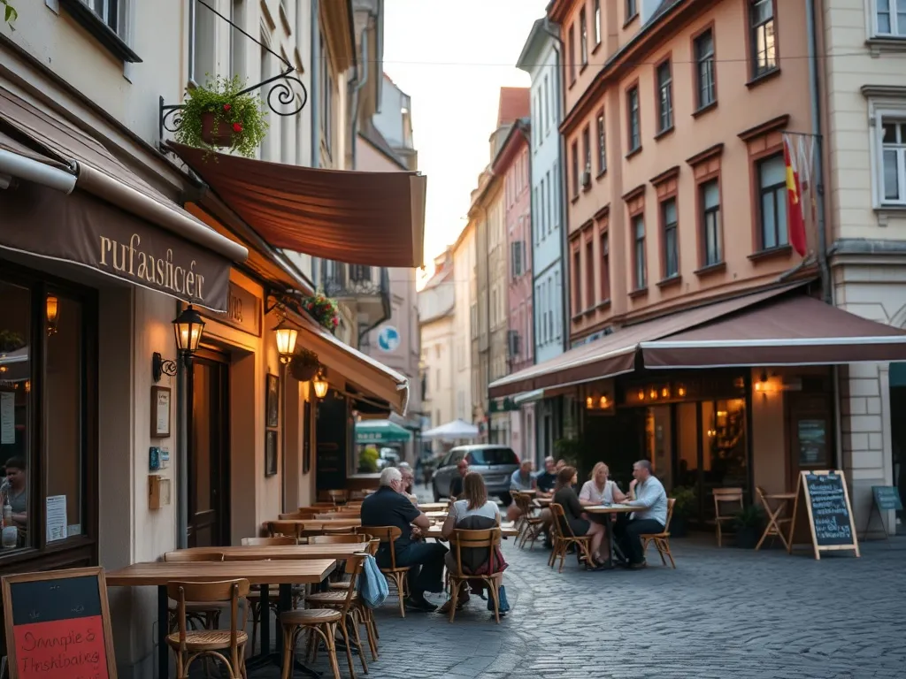 Urokliwa ulica w Żarach z tanimi lokalnymi knajpkami, ludzie jedzą przy stolikach na zewnątrz w ciepłym popołudniowym świetle.
