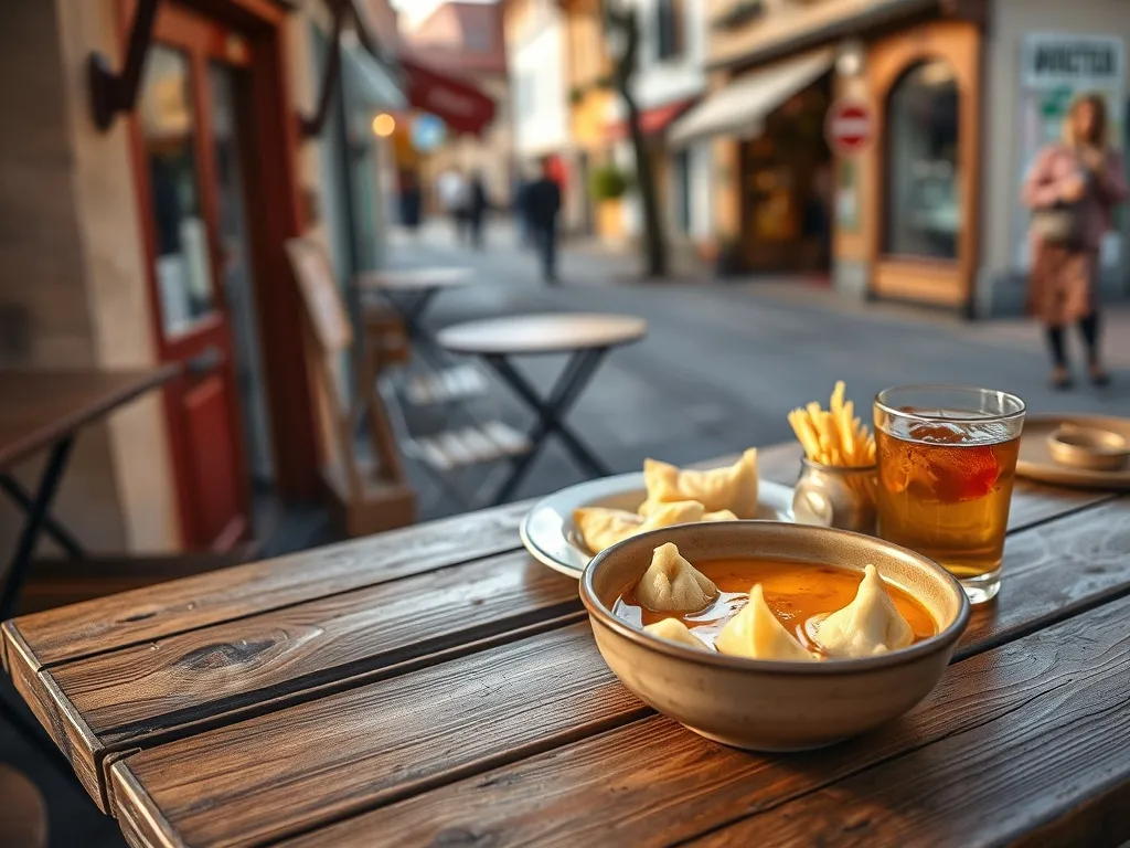 Tanie domowe jedzenie w biłgorajskiej knajpce: pierogi, zupa i kompot na drewnianym stoliku przy spokojnej ulicy.