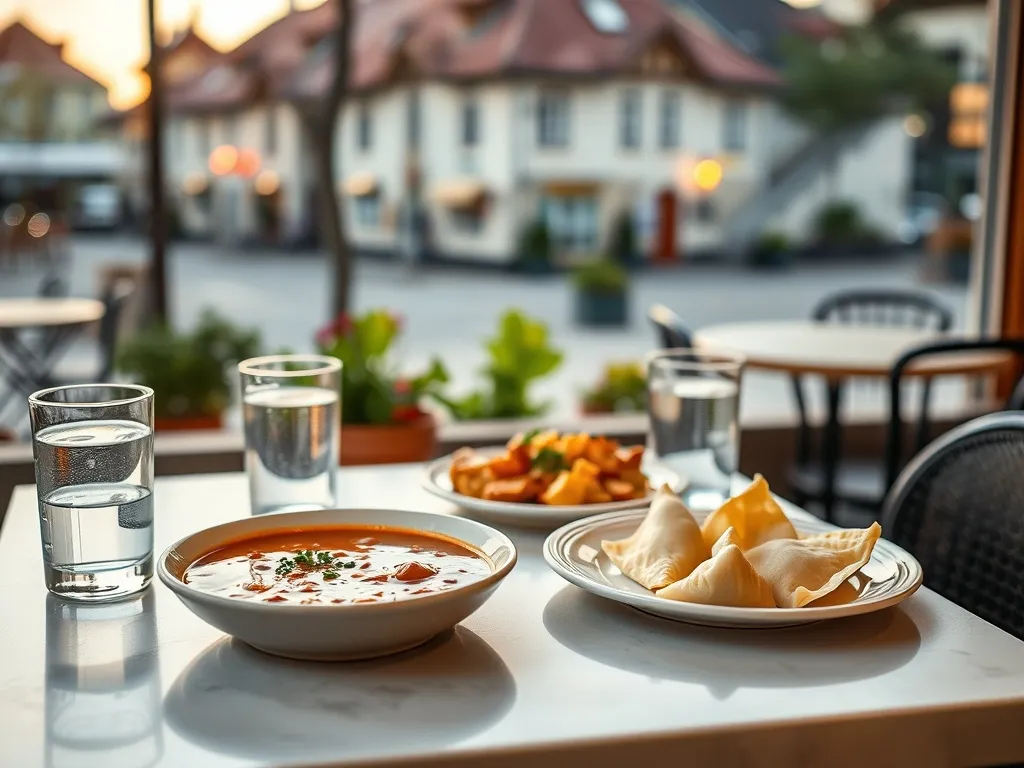 Przytulny stolik z zupą i pierogami na tle uliczki w Chełmie, sugerujący smaczny i niedrogi lokal na obiad.