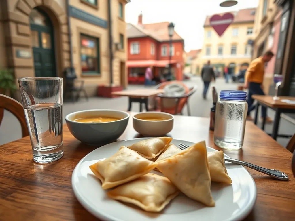 Stolik w święckiej knajpce z pierogami i zupą, w tle spokojna ulica – klimat taniego, lokalnego jedzenia.
