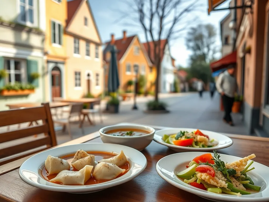 Stolik w nowosolskiej kawiarni z pierogami, zupą i sałatką na talerzach, w tle kolorowa, spokojna uliczka.