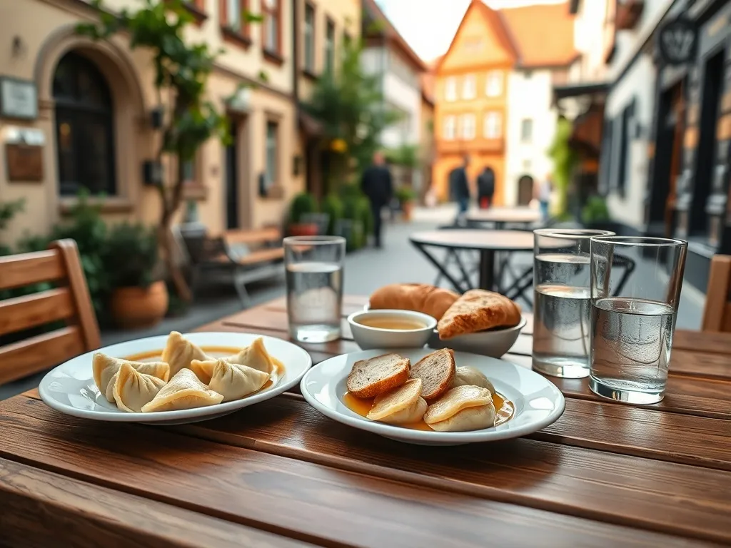 Stolik w Nałęczowie z pierogami, zupą i pieczywem, w tle spokojna uliczka uzdrowiskowa, leniwa popołudniowa atmosfera.