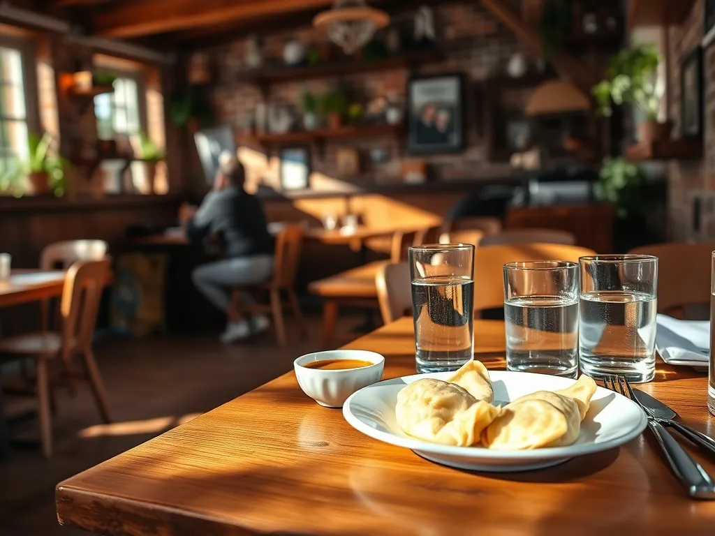 Przytulna restauracja w Świdnicy z taniym domowym obiadem: pierogi, zupa i woda na drewnianym stoliku w ciepłym świetle.