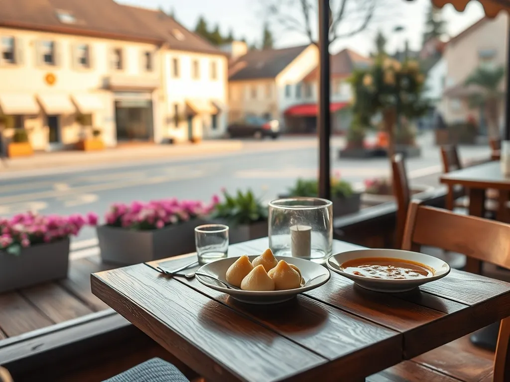 Przytulny, niedrogi bar w Ciechocinku z prostymi polskimi daniami na stoliku i spokojną ulicą uzdrowiskową w tle