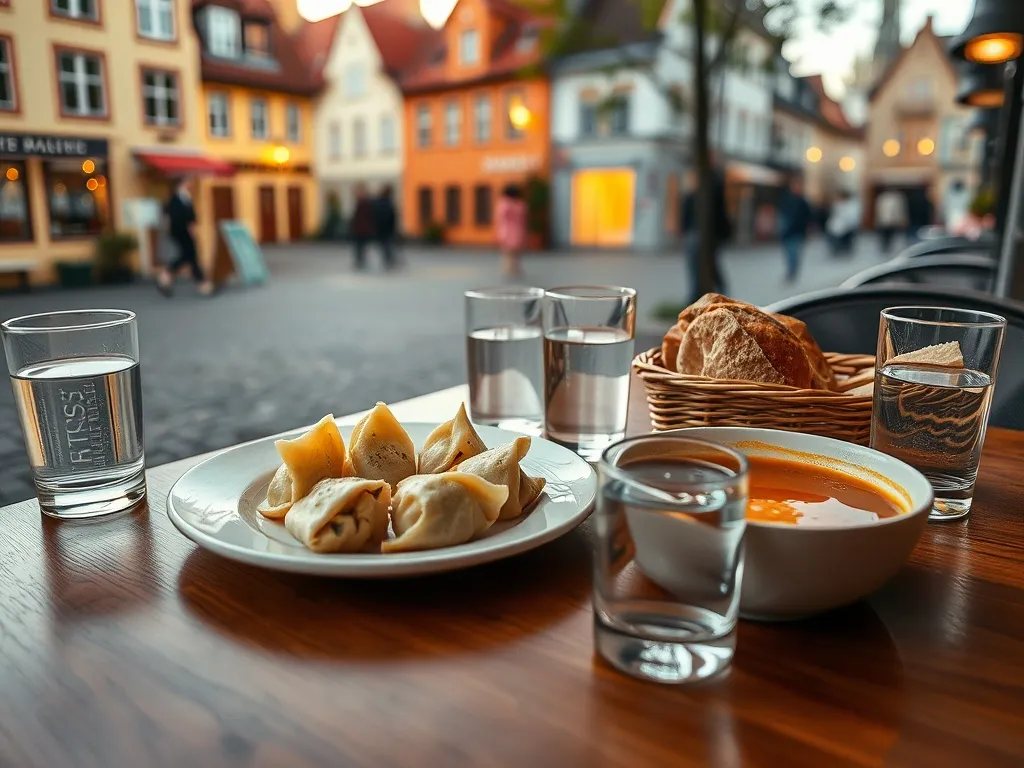 Stół w brodnickiej restauracji z pierogami, zupą i pieczywem na tle brukowanej, klimatycznej starówki wieczorem.