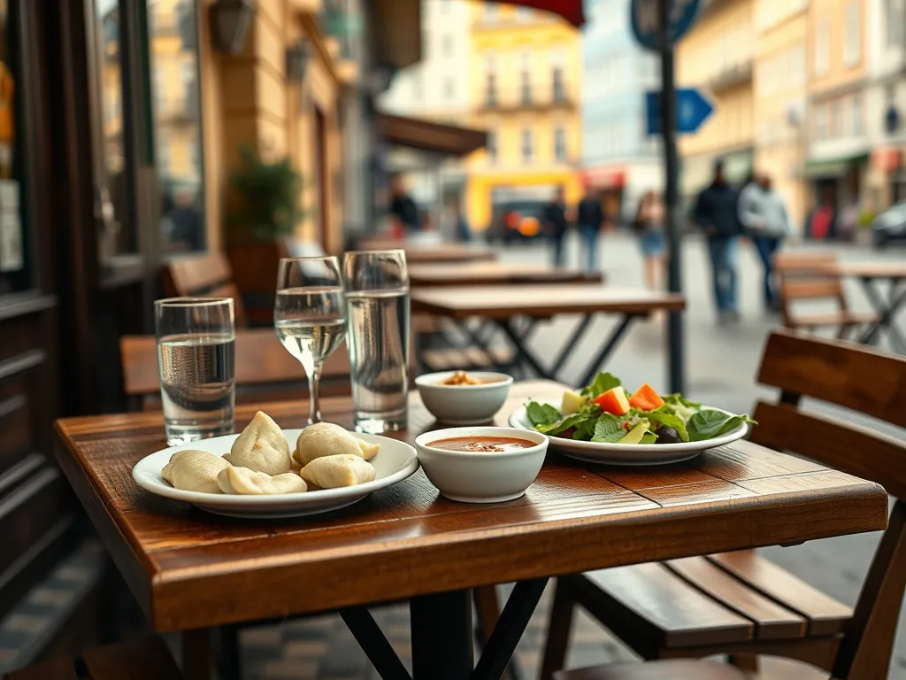 Przytulny stolik na zewnątrz włocławskiej restauracji z pierogami, zupą i sałatką, zachęcający do taniego, spokojnego posiłku.