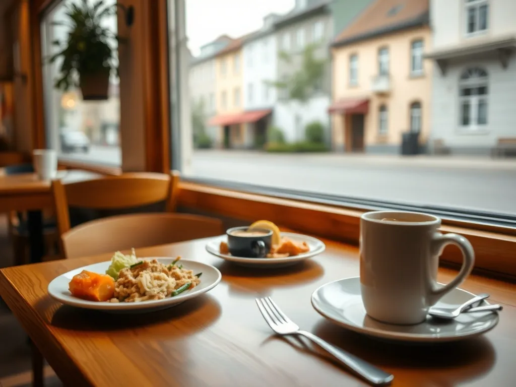 Przytulny stolik w puławskiej restauracji z prostymi daniami i kawą, z widokiem na spokojną ulicę w tle