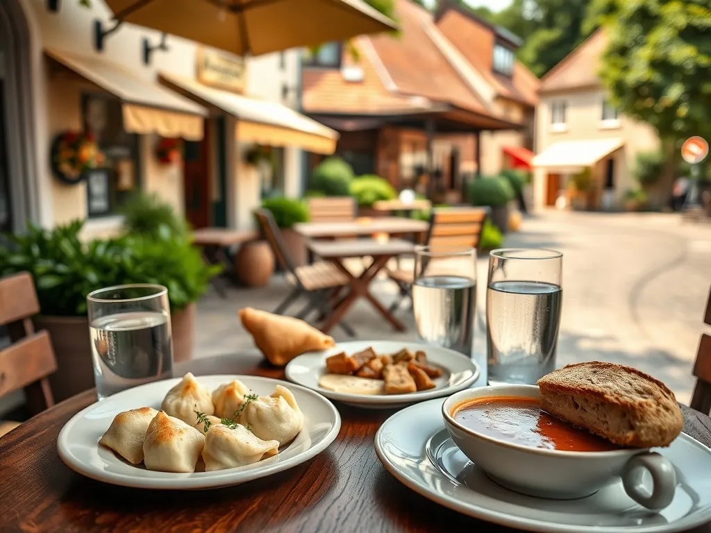 Stolik w kruszwickiej restauracji z prostymi, tanimi daniami w letniej scenerii małego miasteczka.