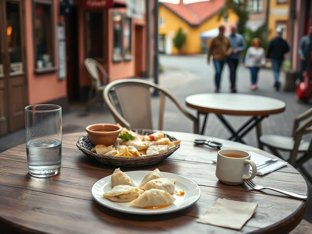 Klimatyczny stolik w skierniewickiej kawiarni z tanimi daniami: pierogi, zupa, woda i kawa w spokojnej ulicznej scenerii.