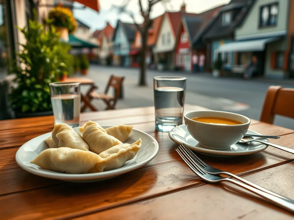 Przytulny stolik w żagańskiej kawiarni z talerzem pierogów i zupą, zachęcający do taniego, lokalnego posiłku na mieście.