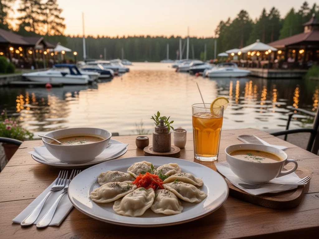 Stół w przytulnej restauracji nad jeziorem w Giżycku, pierogi i zupa na tle spokojnego jeziora i marinie o złotej godzinie.
