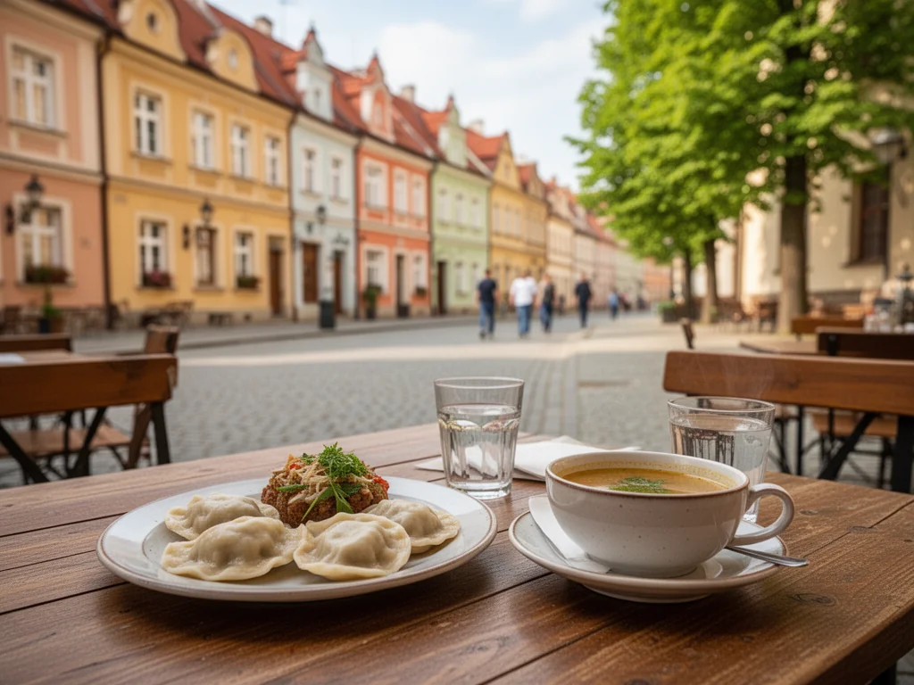 Przytulny stolik na zewnątrz w Tykocinie z pierogami i zupą, na tle kolorowych kamienic i cichej brukowanej uliczki.