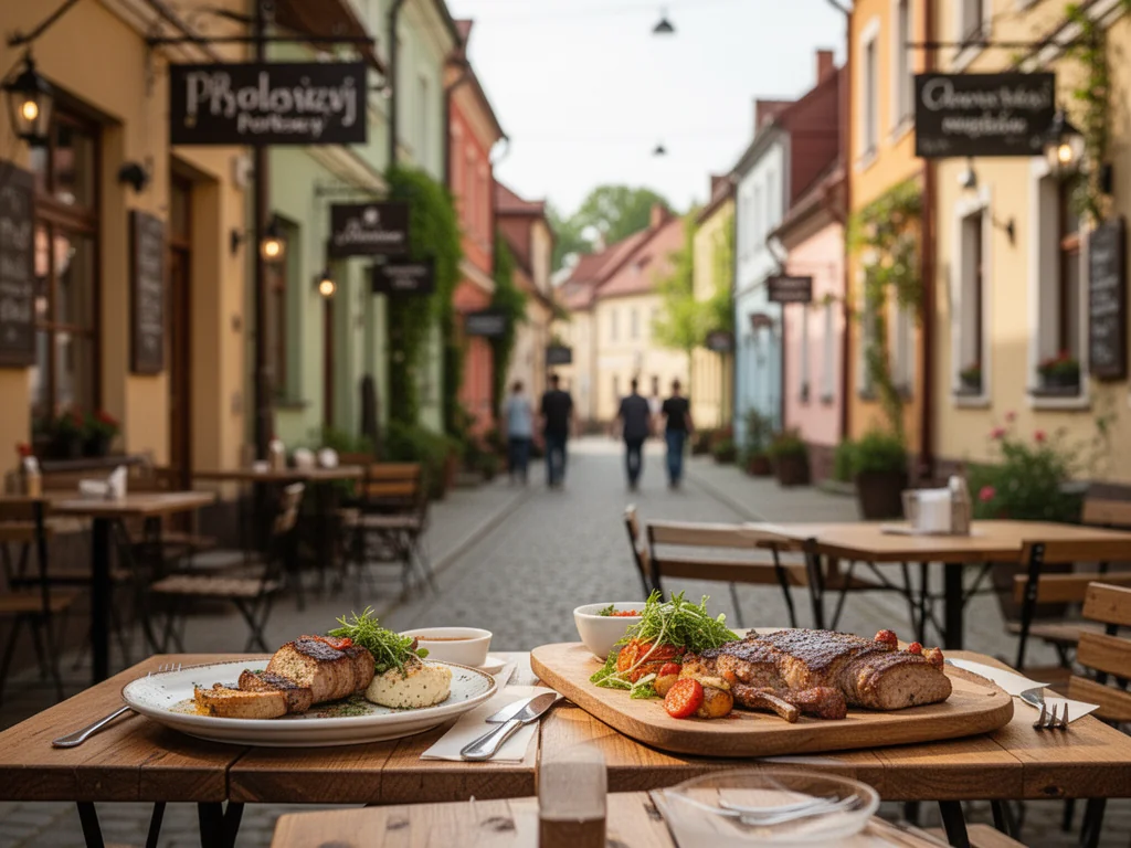 Przytulna ulica w Prudniku z lokalnymi restauracjami i kafejkami, prostymi daniami na stolikach i swobodną, spokojną atmosferą.