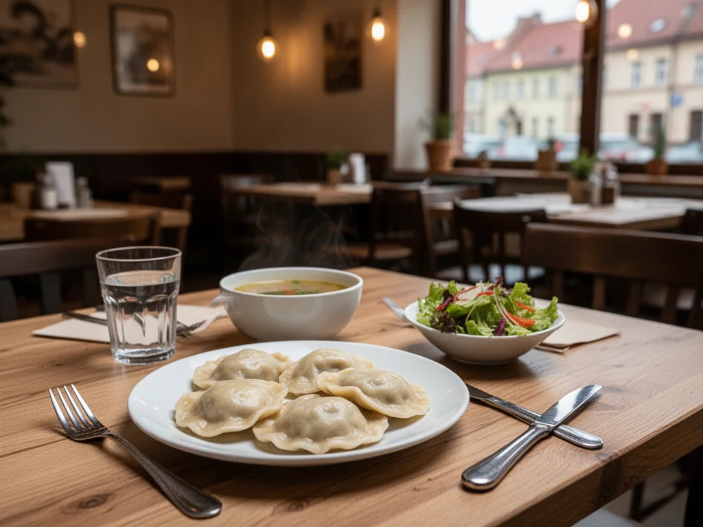 Przytulna restauracja w Zabrzu z tanimi, domowymi daniami: pierogi, zupa i sałatka na drewnianym stoliku.
