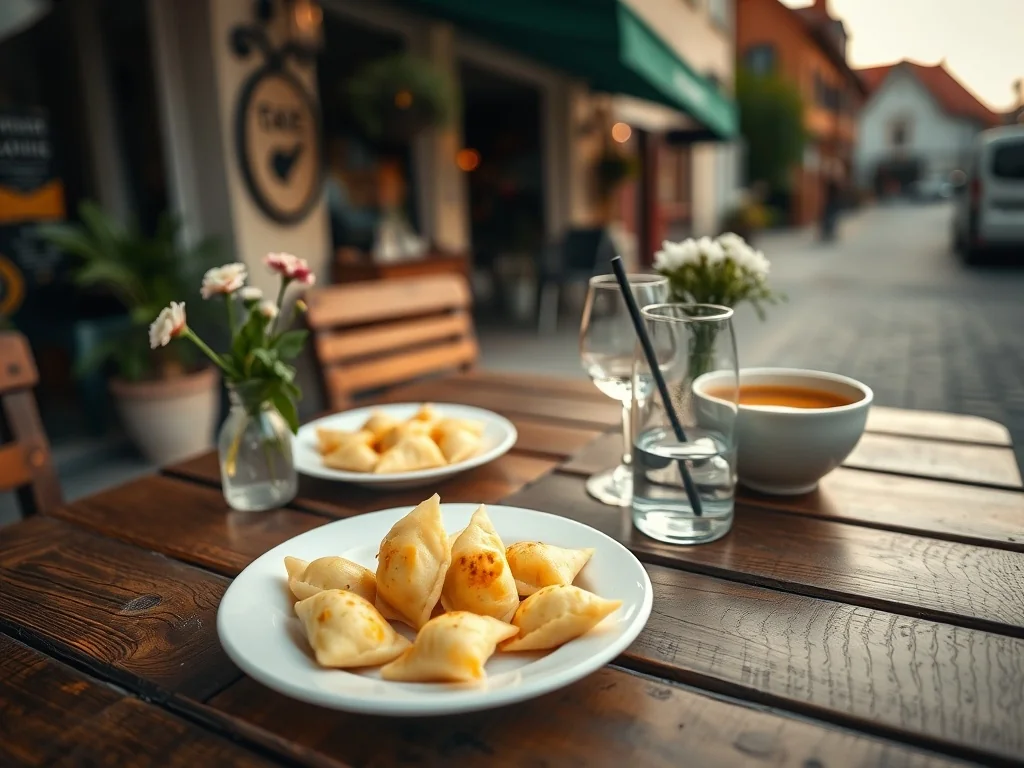 Przytulny stolik w Ciechanowie z tanim domowym jedzeniem: pierogi, zupa i woda w spokojnej, kameralnej uliczce.