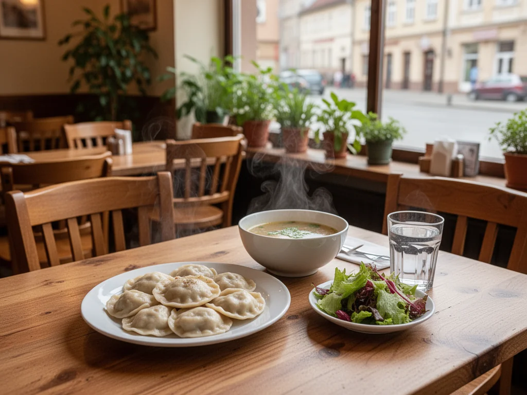 Przytulny stolik w hajnowskiej knajpce z taniymi daniami: pierogi, zupa, sałatka, w tle cicha ulica i zielone rośliny.