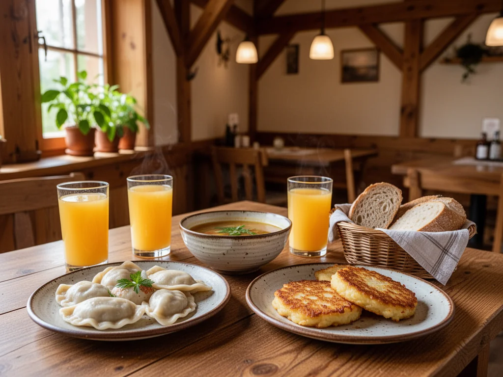 Rustykalny stół z prostymi, domowymi daniami kuchni polskiej w przytulnej drewnianej restauracji w Białowieży.
