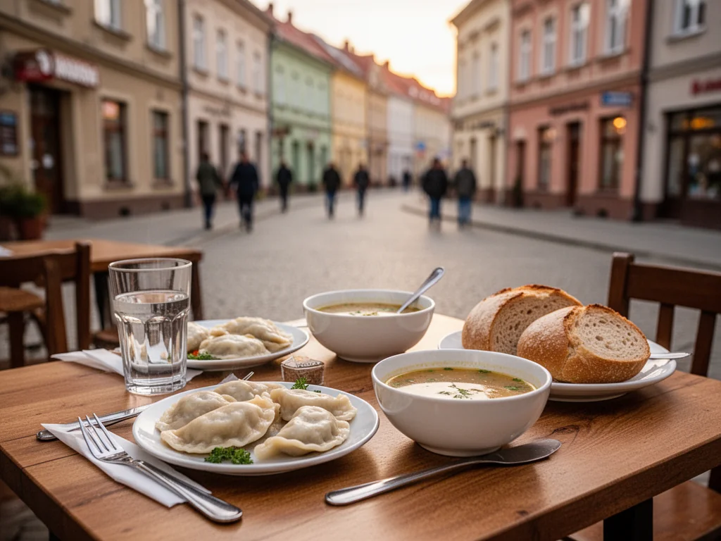 Przytulny stół w sosnowieckiej restauracji z pierogami, zupą i chlebem, zachęcający do taniego, domowego posiłku.
