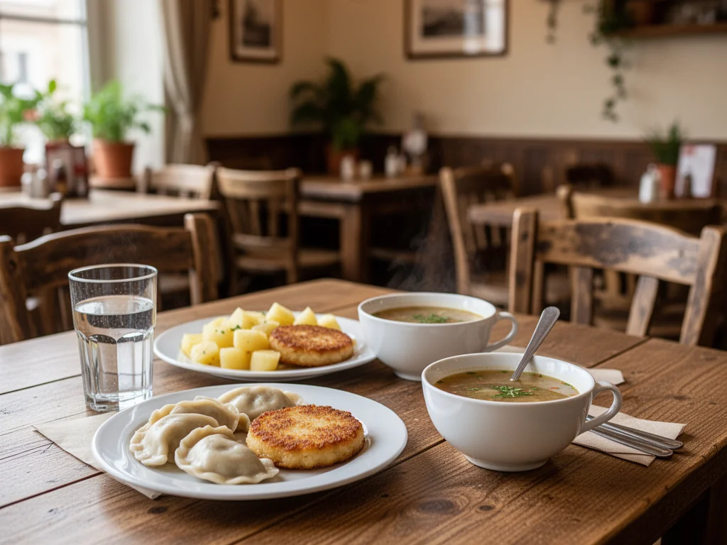 Przytulna restauracja w Krapkowicach z tanimi, domowymi daniami: pierogami, plackami ziemniaczanymi i zupą na drewnianym stole.