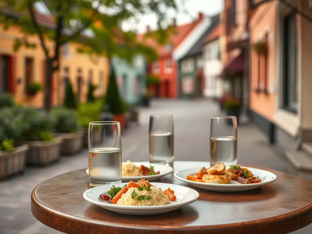Przytulny stolik na zewnątrz z domowym polskim jedzeniem, zachęcający do taniego i smacznego posiłku w Słubicach.