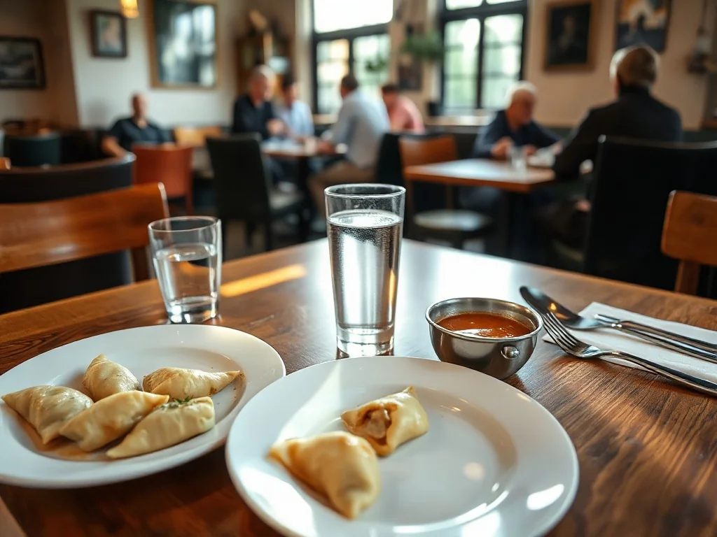 Przytulna knajpka w Kutnie: tanie pierogi i zupa na drewnianym stole, w tle goście w swobodnej, rustykalnej atmosferze.