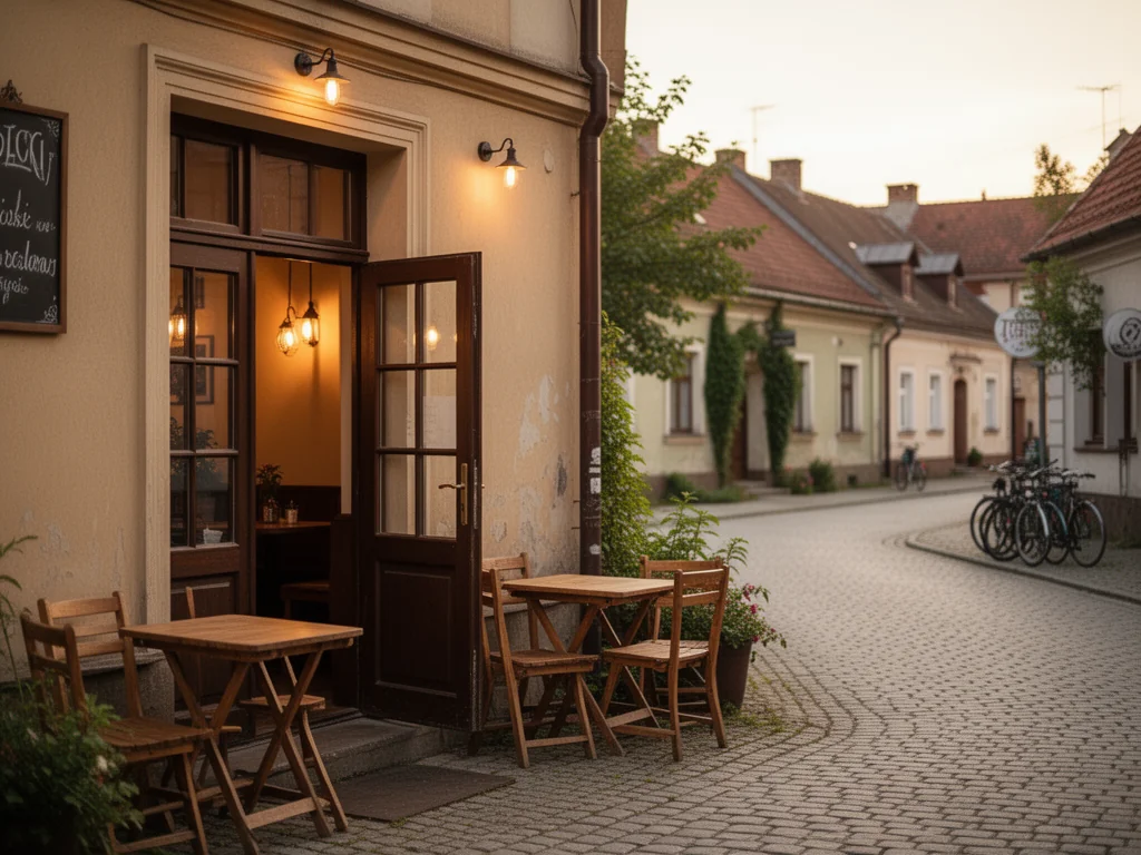 Przytulna restauracja w Jędrzejowie z ogródkiem przed wejściem, ciepłe światło zachęca do taniego, spokojnego posiłku.