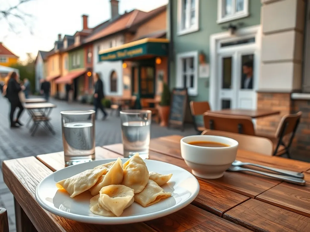 Przytulny stolik w świebodzińskiej knajpce z taniymi daniami: pierogi, zupa i woda na tle spokojnej miejskiej uliczki.
