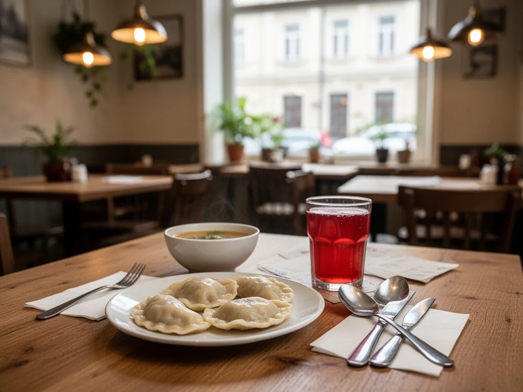 Przytulna restauracja w Stalowej Woli, na drewnianym stoliku tanie domowe dania: pierogi, zupa i kompot.