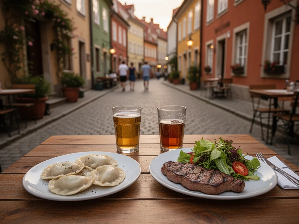 Stolik w sandomierskiej knajpce pod chmurką, na stole pierogi, mięso z grilla, sałatka i napoje w letniej, spokojnej atmosferze.