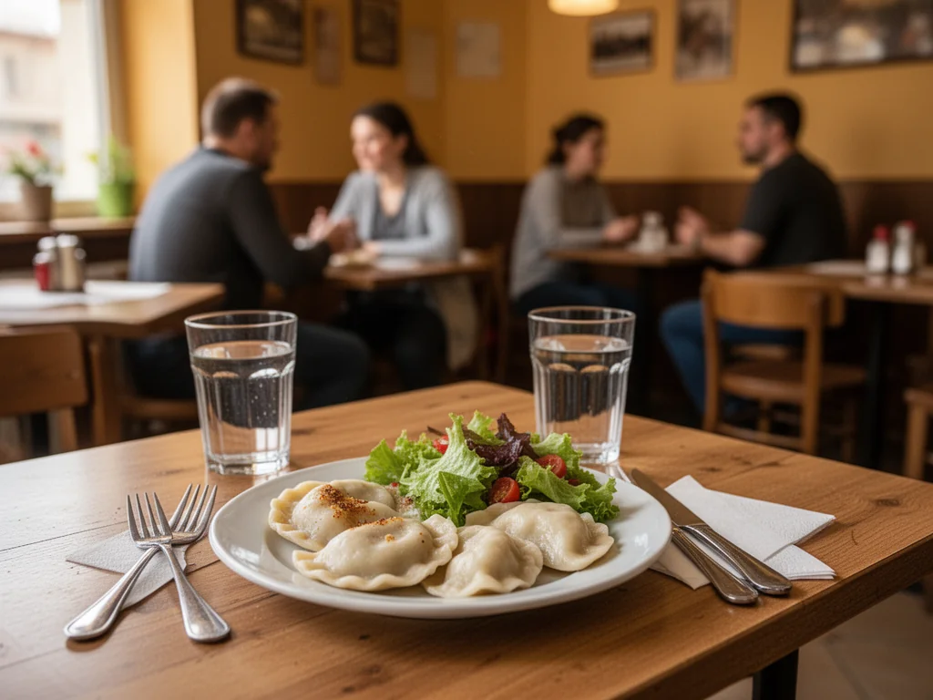 Przytulny stolik w taniej rudzkiej knajpce z talerzem pierogów i sałatką, zachęcający do niedrogiego obiadu na mieście.