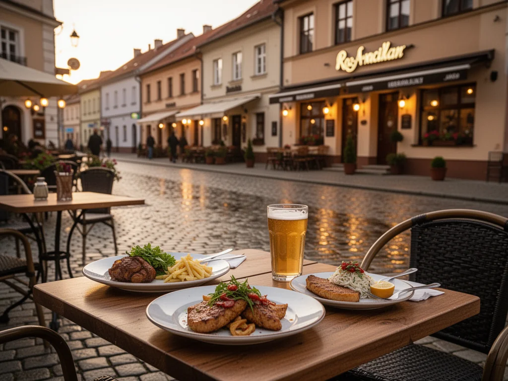Urokliwa uliczka w Jaśle z plenerowymi stolikami i prostymi, apetycznymi daniami w ciepłym, wieczornym świetle.
