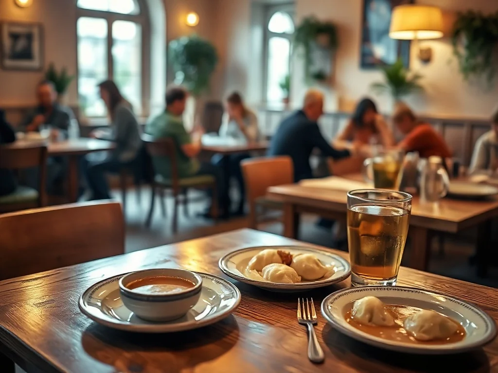 Przytulna restauracja w Bełchatowie, na stoliku tradycyjne dania: pierogi, zupa i napój, swobodna, przyjazna atmosfera.
