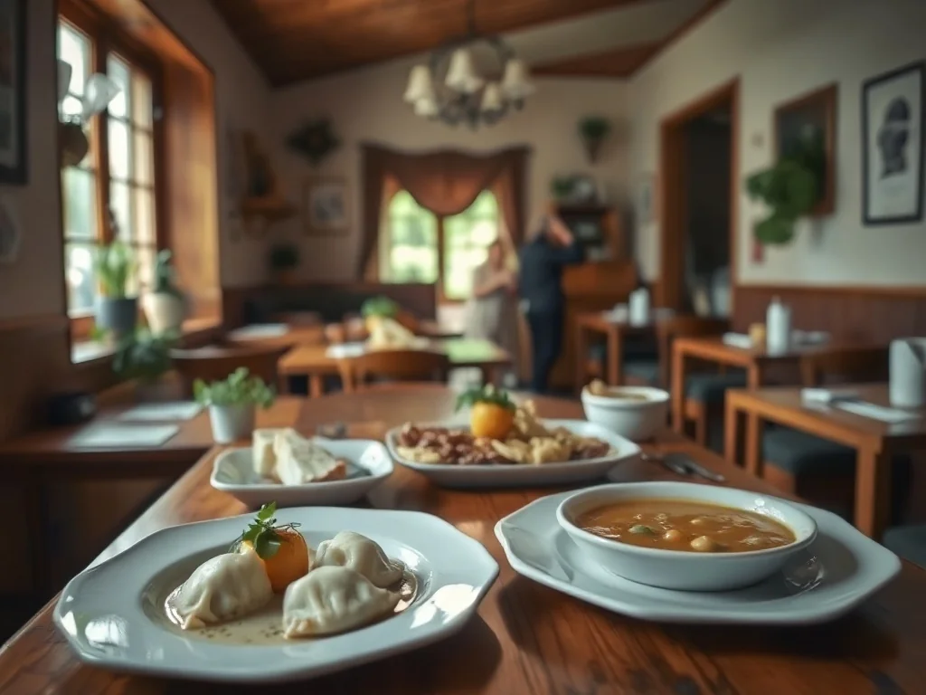 Przytulna restauracja w Tomaszowie Mazowieckim z tanimi, domowymi daniami: pierogi, zupa i danie główne na drewnianym stoliku.