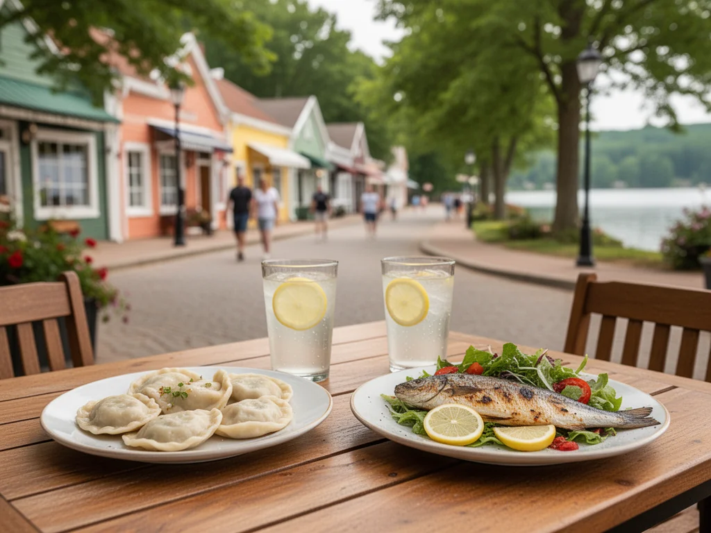 Letni stolik w augustowskiej knajpce z pierogami, rybą z grilla i lemoniadą, zachęcający do taniego, smacznego obiadu.