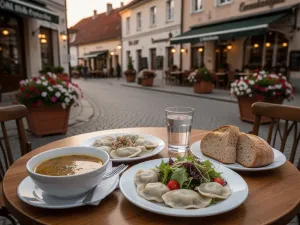 Drewniany stolik z pierogami, zupą i napojami na tle przytulnej ulicy Elbląga z restauracjami o złotej godzinie.