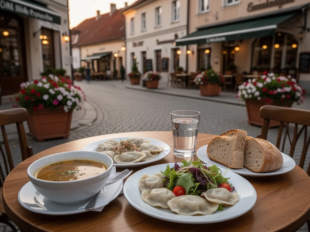 Stolik w buskim lokalu z zupą, pierogami i sałatką, na tle spokojnej ulicy z kameralnymi restauracjami.