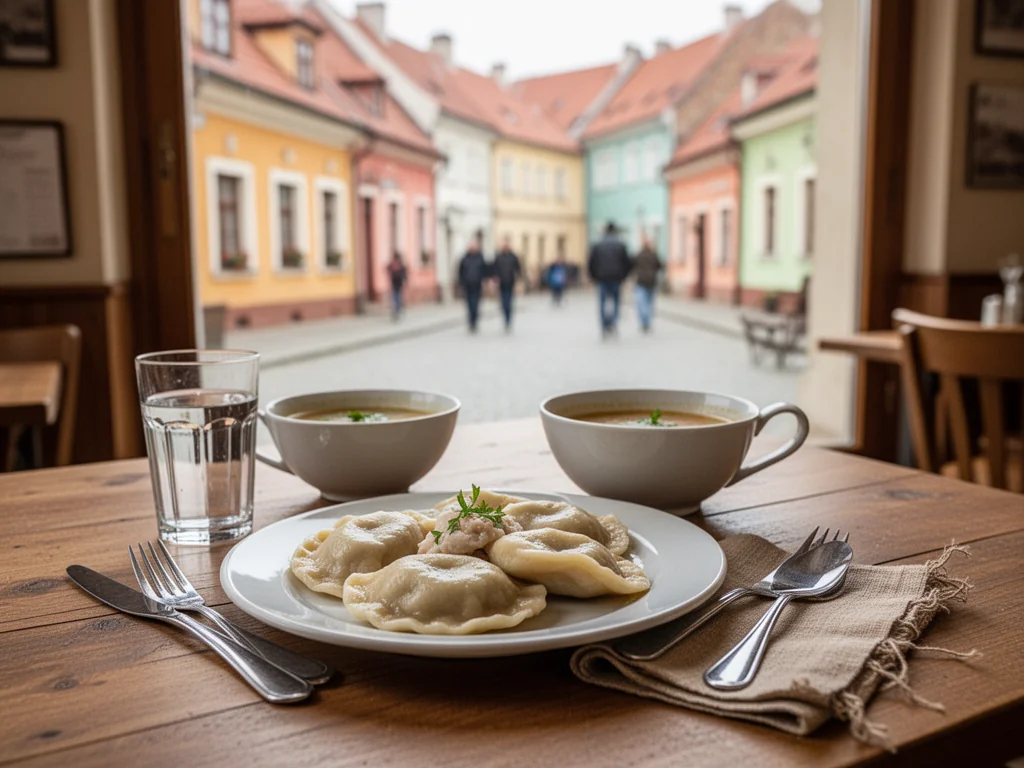 Stolik w nyskiej restauracji z talerzem pierogów i zupą, w tle kolorowa uliczka starego miasta, przytulnie i niedrogo