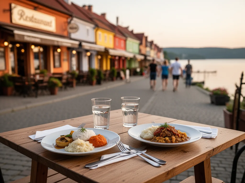 Stolik z tradycyjnym polskim jedzeniem przed restauracją w Mikołajkach, w tle deptak nad jeziorem i letnia atmosfera.