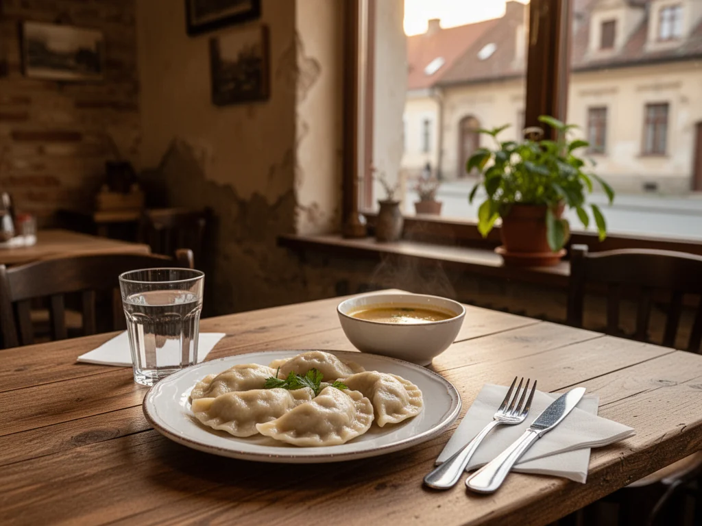 Przytulna kawiarnia w Namysłowie, na drewnianym stole tani zestaw obiadowy: pierogi, zupa i woda w ciepłym świetle popołudnia.