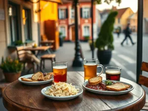 Przytulna restauracja w Brzegu z tanim, domowym obiadem: zupa, pierogi, sałatka i woda na drewnianym stole.