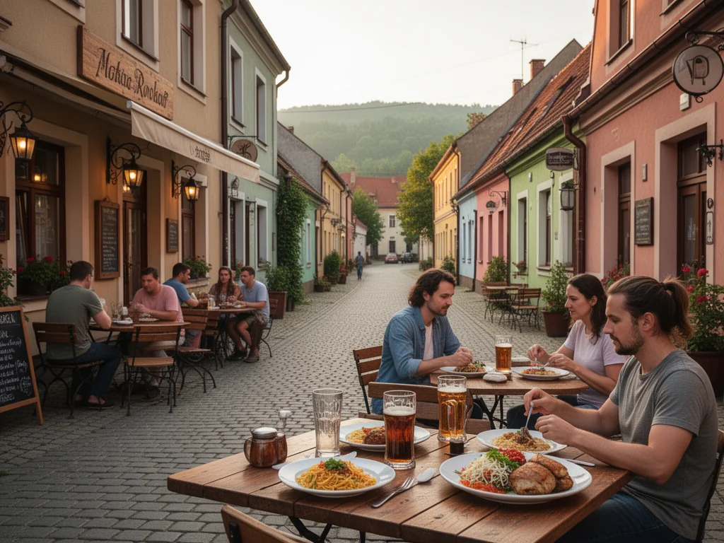 Urokliwa ulica w Głuchołazach z niedrogimi, przytulnymi restauracjami i kawiarniami, ludzie jedzą na zewnątrz w ciepłym świetle.