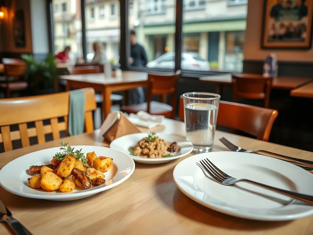 Przytulny stolik z prostymi, apetycznymi daniami w taniej restauracji w Ostrołęce, ciepłe światło i spokojna atmosfera.
