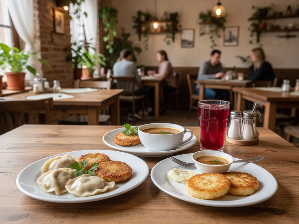 Przytulna restauracja w Bielsku Podlaskim z domowymi pierogami, plackami ziemniaczanymi i zupą na drewnianym stole.
