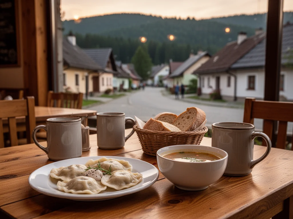 Przytulny drewniany stolik z pierogami i zupą w górskiej restauracji w Szczyrku, w tle uliczka i zalesione wzgórza.