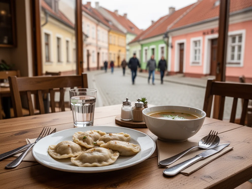 Przytulny stolik w tczewskiej restauracji z pierogami i zupą, w tle kolorowa ulica małego miasta, zachęcająca do wizyty.