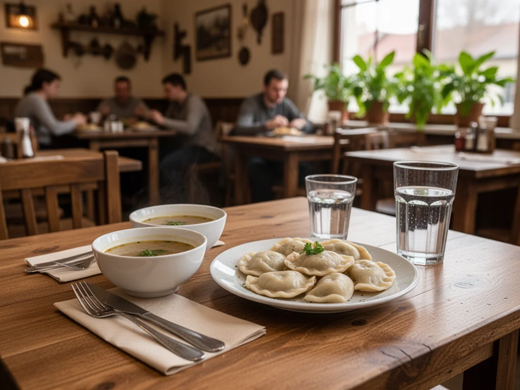 Przytulna restauracja w Końskich, proste domowe dania na drewnianym stole w ciepłym, spokojnym wnętrzu.