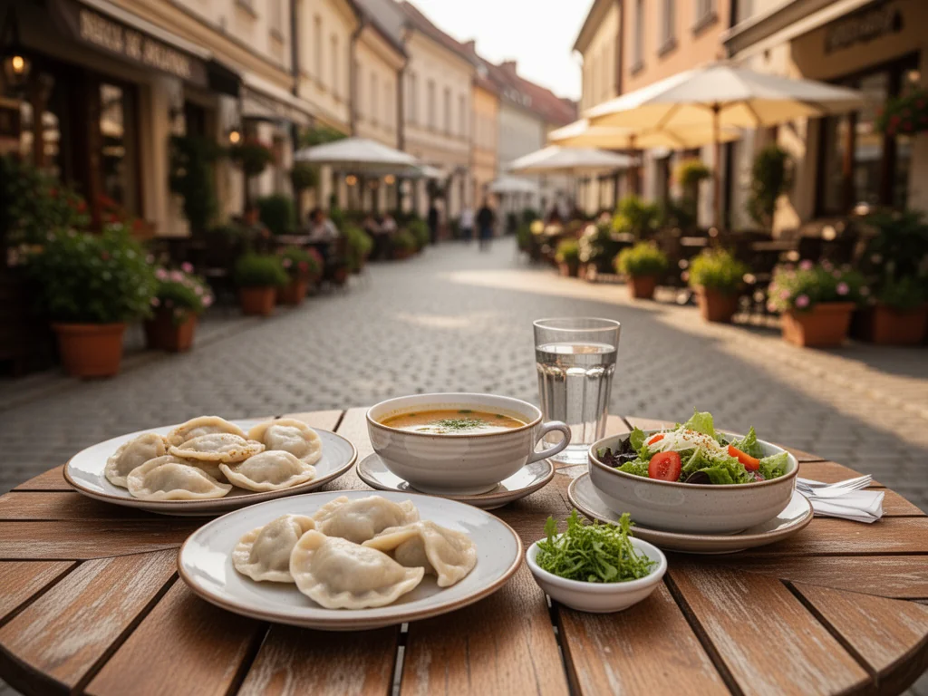 Stolik na brukowanej uliczce w Krośnie z pierogami i zupą, przytulna atmosfera tanich, lokalnych knajpek.