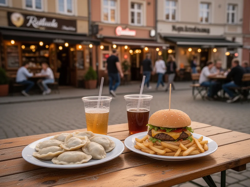 Tanie dania uliczne w Słupsku: pierogi, burger z frytkami i napoje na drewnianym stole w ciepłej, miejskiej atmosferze.