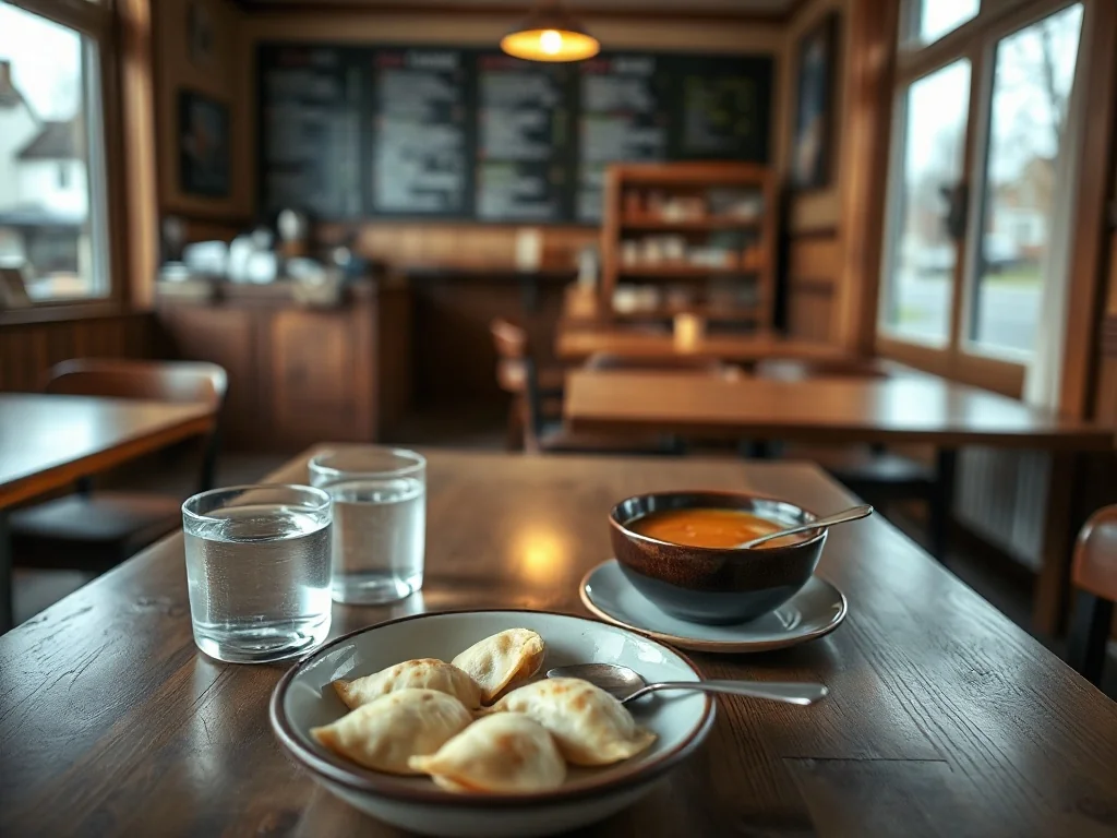 Przytulna mała restauracja w Pruszkowie z tanimi domowymi daniami: pierogi, zupa i woda na drewnianym stoliku.